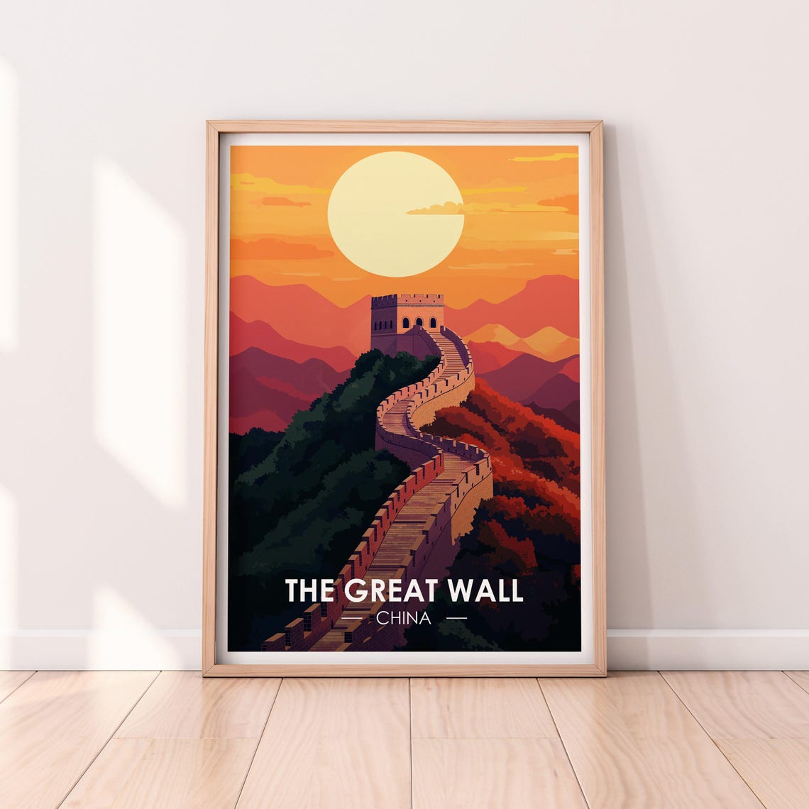 The Great Wall of China Sunset Watchtower Vintage Travel Poster