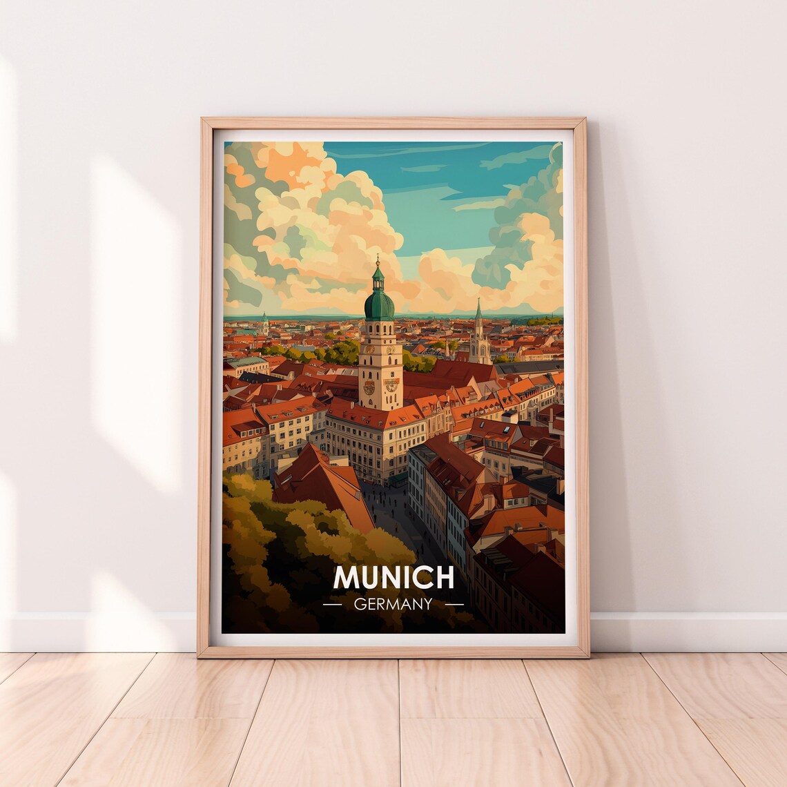 Munich Germany Church Clock Tower Old Town Aerial Retro Travel Poster