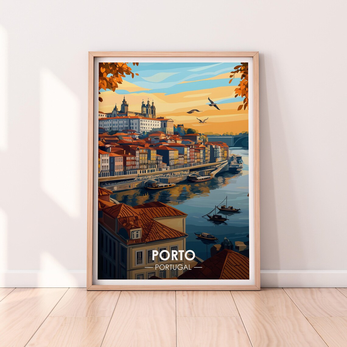 Porto Portugal Douro River Waterfront Houses Vintage Travel Poster