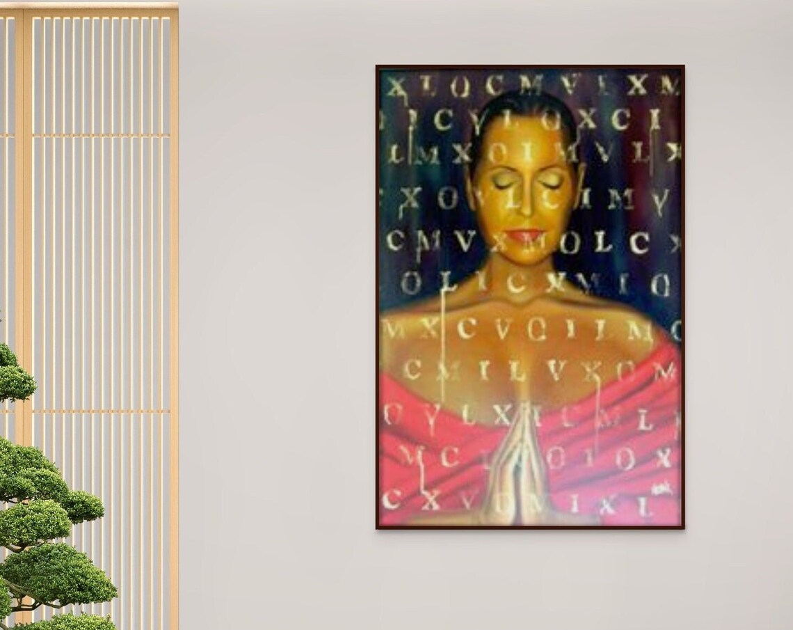 Praying Woman Meditation Spiritual Hands Red Sari Painting Poster - Image 3