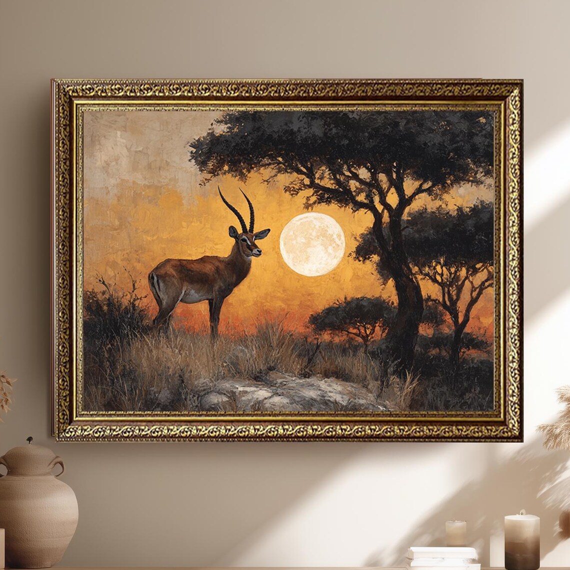 Antelope Under Full Moon Golden African Savannah Night Poster