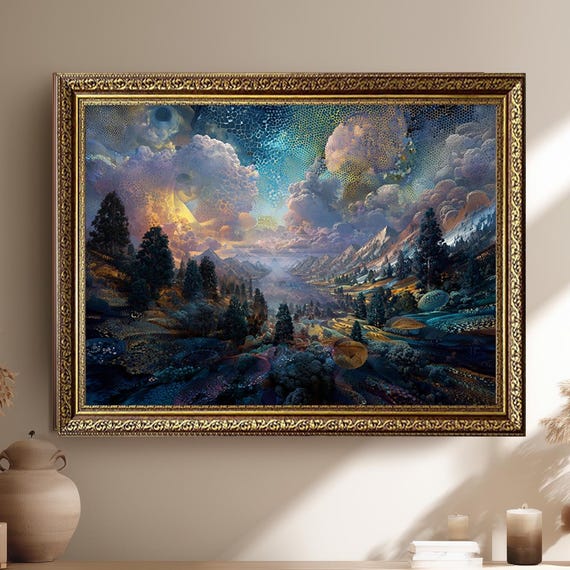 Surreal Mountain Landscape Wall Art With Cosmic Sky And Abstract Nature Psychedelic Dreamworld Canvas Print For Visionary Home Decor
