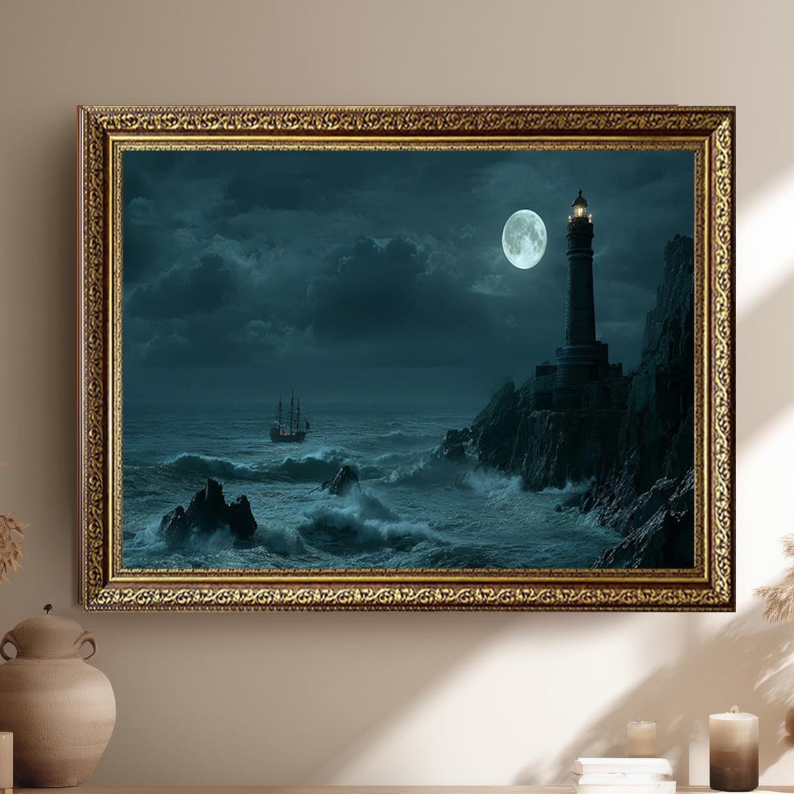 Dark Moonlit Ocean Lighthouse Stormy Ship Nautical Gothic Print