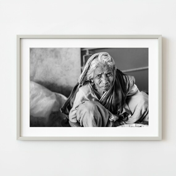 Elderly Indian Woman Portrait Black and White Photography Art Print