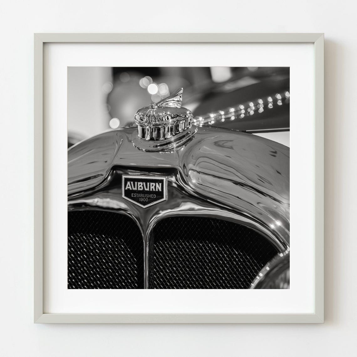 Auburn Hood Ornament Grille Detail Black and White Classic Car Poster
