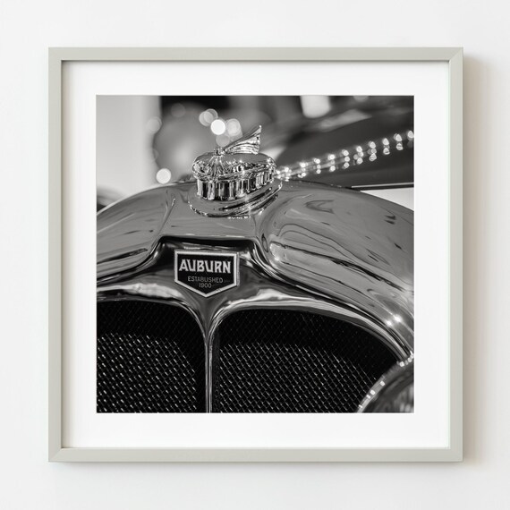 Auburn Hood Ornament Grille Detail Black and White Classic Car Poster
