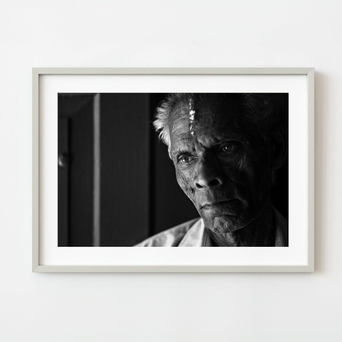 Elderly Man Portrait Black and White Dramatic Light Photo Poster