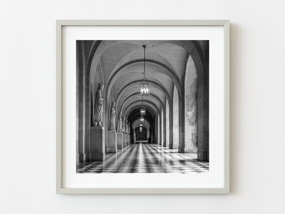 France Stone Arched Corridor With Statues Black And White Photo Poster