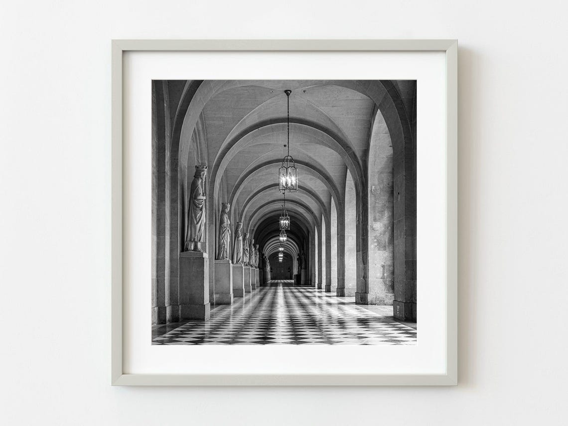 France Stone Arched Corridor With Statues Black And White Photo Poster