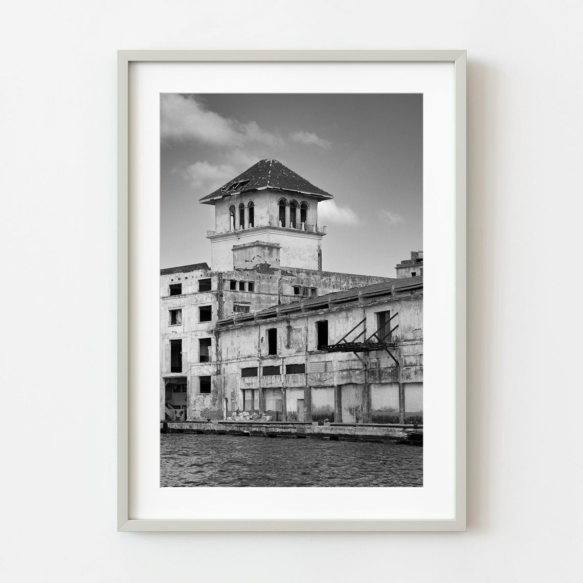Abandoned Waterfront Warehouse Black White Urban Photo Poster