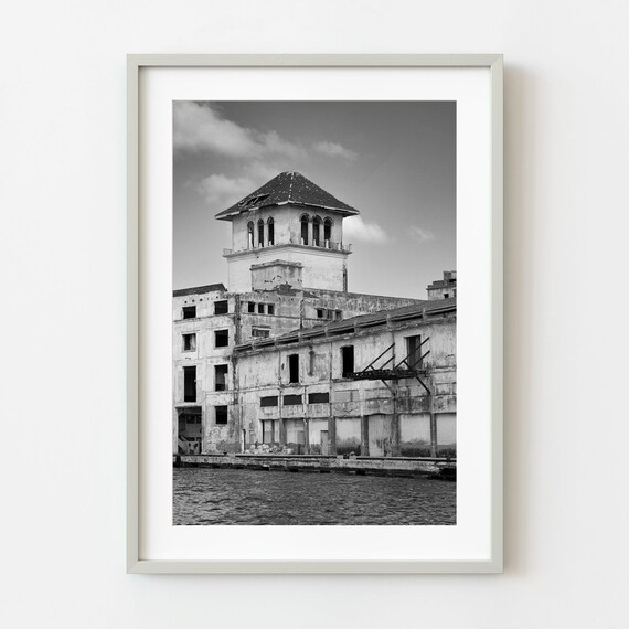 Abandoned Waterfront Warehouse Black White Urban Photo Poster