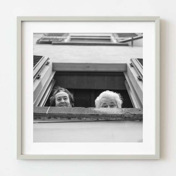 Two Old Ladies Watching Street From Window Black White Photo Poster