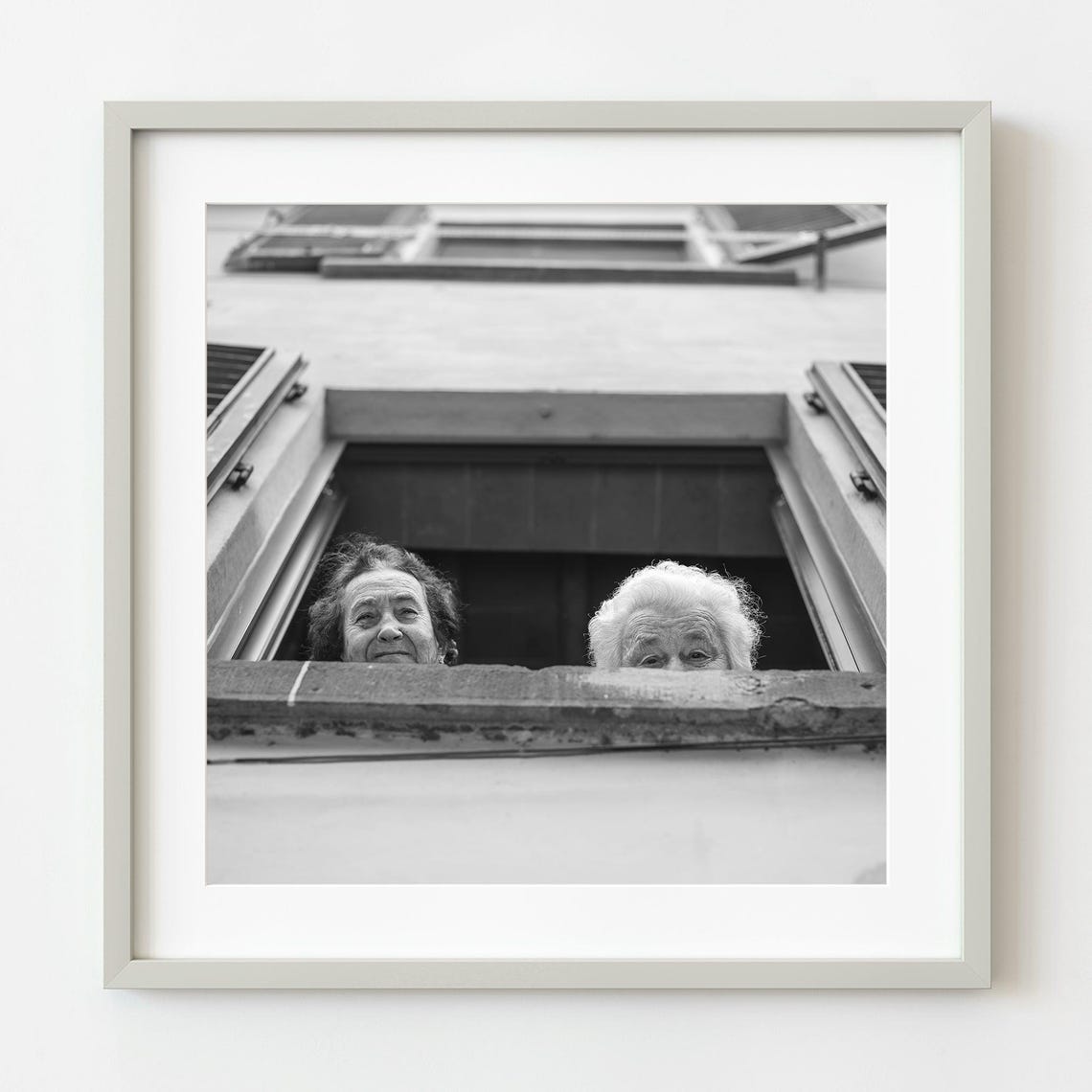 Two Old Ladies Watching Street From Window Black White Photo Poster