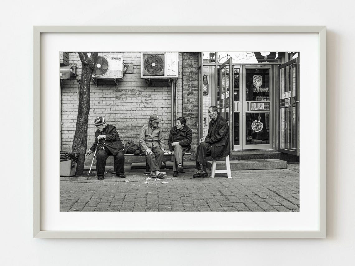 Elderly Neighbors Chatting Black and White Street Photo Print