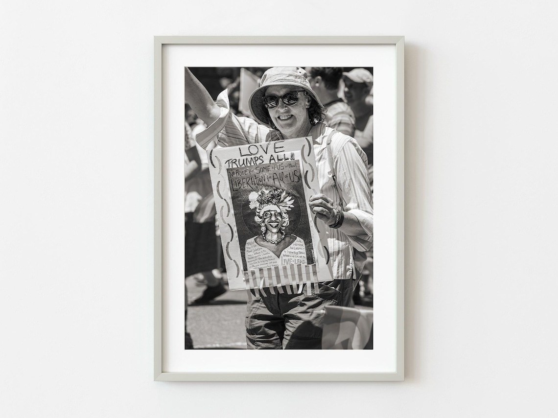 Love Trumps All Protest Sign Black White Street Photography Poster