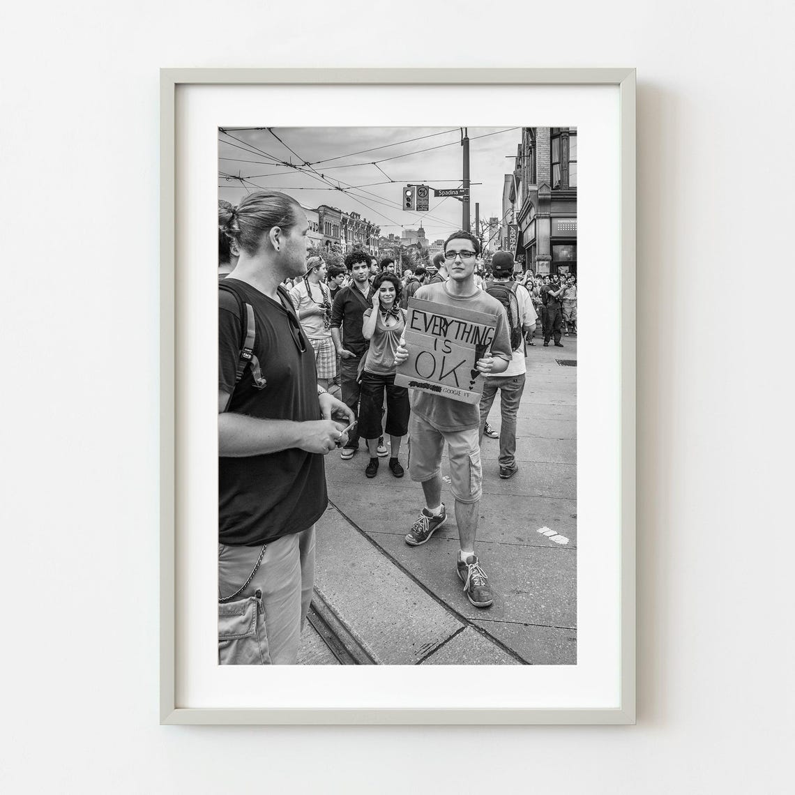 Protester Holding Everything Is OK Sign Black And White Photo Poster