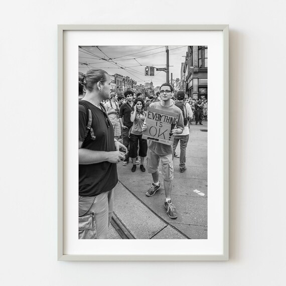 Protester Holding Everything Is OK Sign Black And White Photo Poster