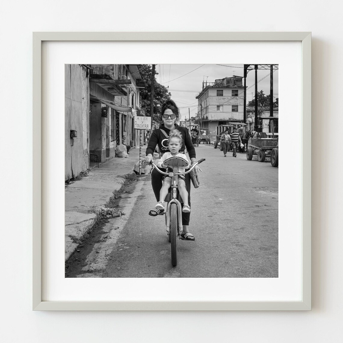 Mother Biking with Child Down Lively Street Black White Photo Poster
