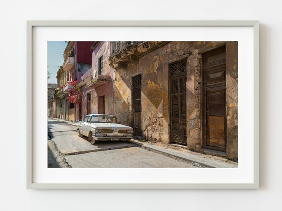 Old Havana Cuba Street Vintage Classic Car Colonial Scene Poster