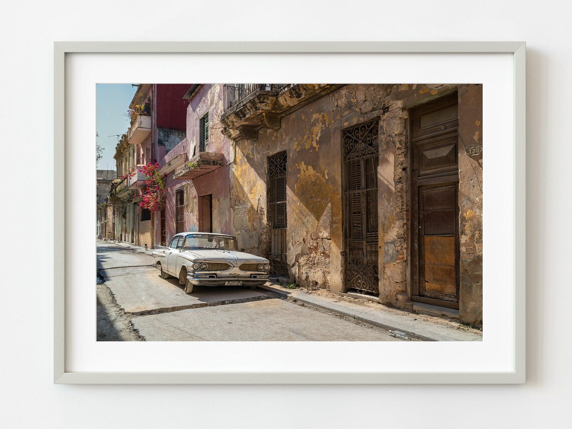 Old Havana Cuba Street Vintage Classic Car Colonial Scene Poster