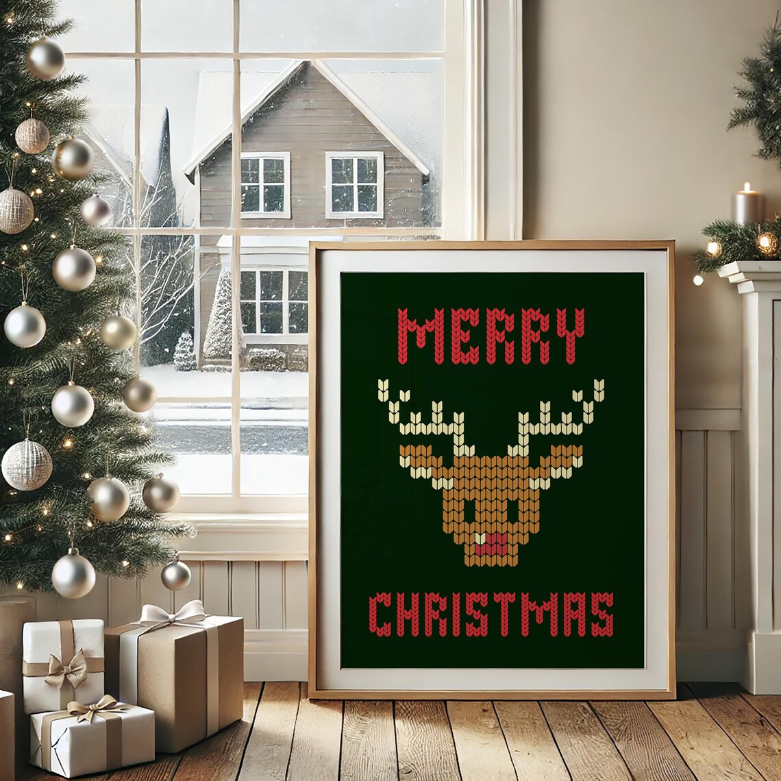 Merry Christmas Knit Reindeer Sweater Style Festive Holiday Poster - Image 3