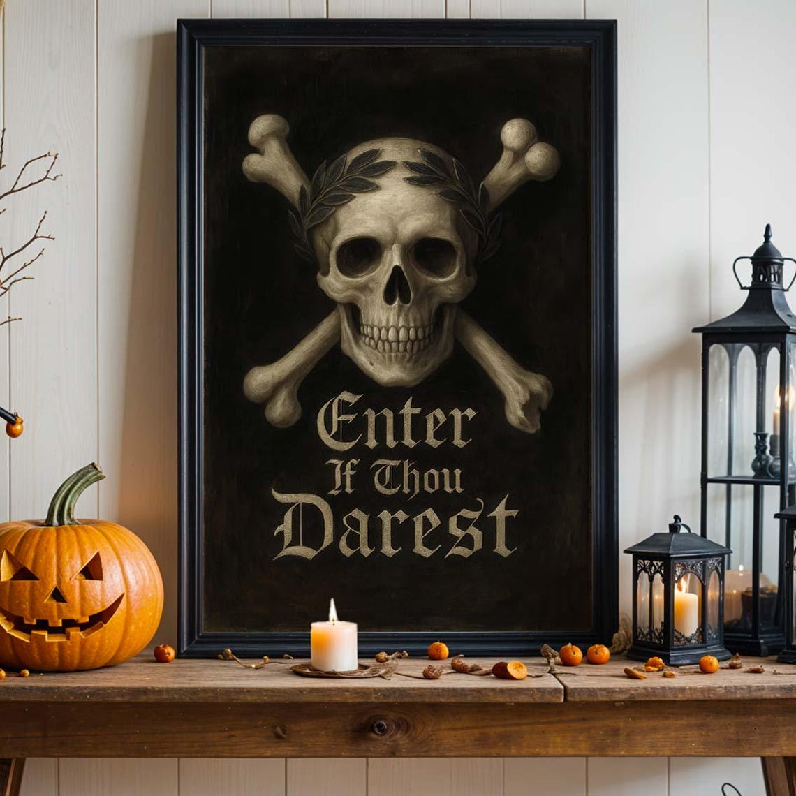 Enter If Thou Darest Gothic Skull and Crossbones Halloween Poster