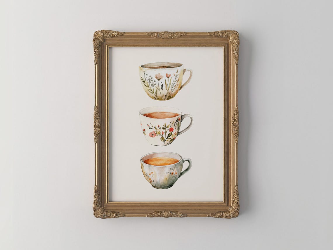 Watercolor Floral Teacups Trio Stacked Tea Cups Kitchen Wall Art - Image 3