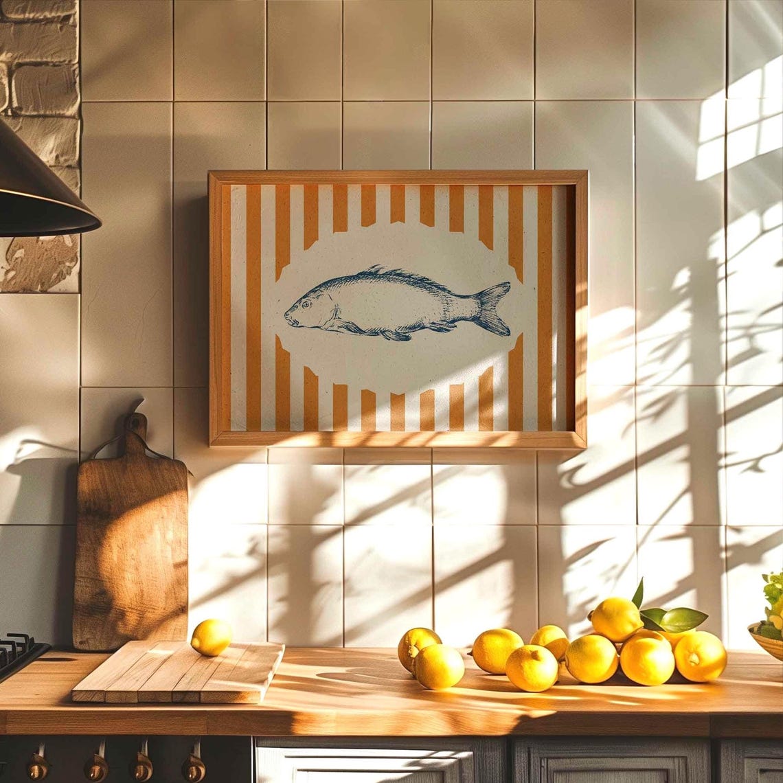 Retro Blue Fish Sketch On Bold Orange Striped Nautical Kitchen Poster