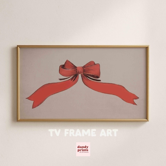 Red Christmas Bow Ribbon Festive Vintage Holiday TV Frame Wall Art