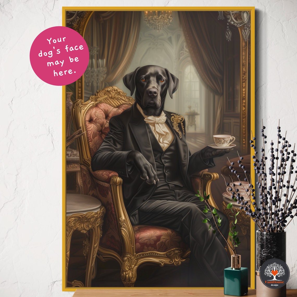 Black Labrador Gentleman in Tuxedo Holding Tea Cup Chair Poster