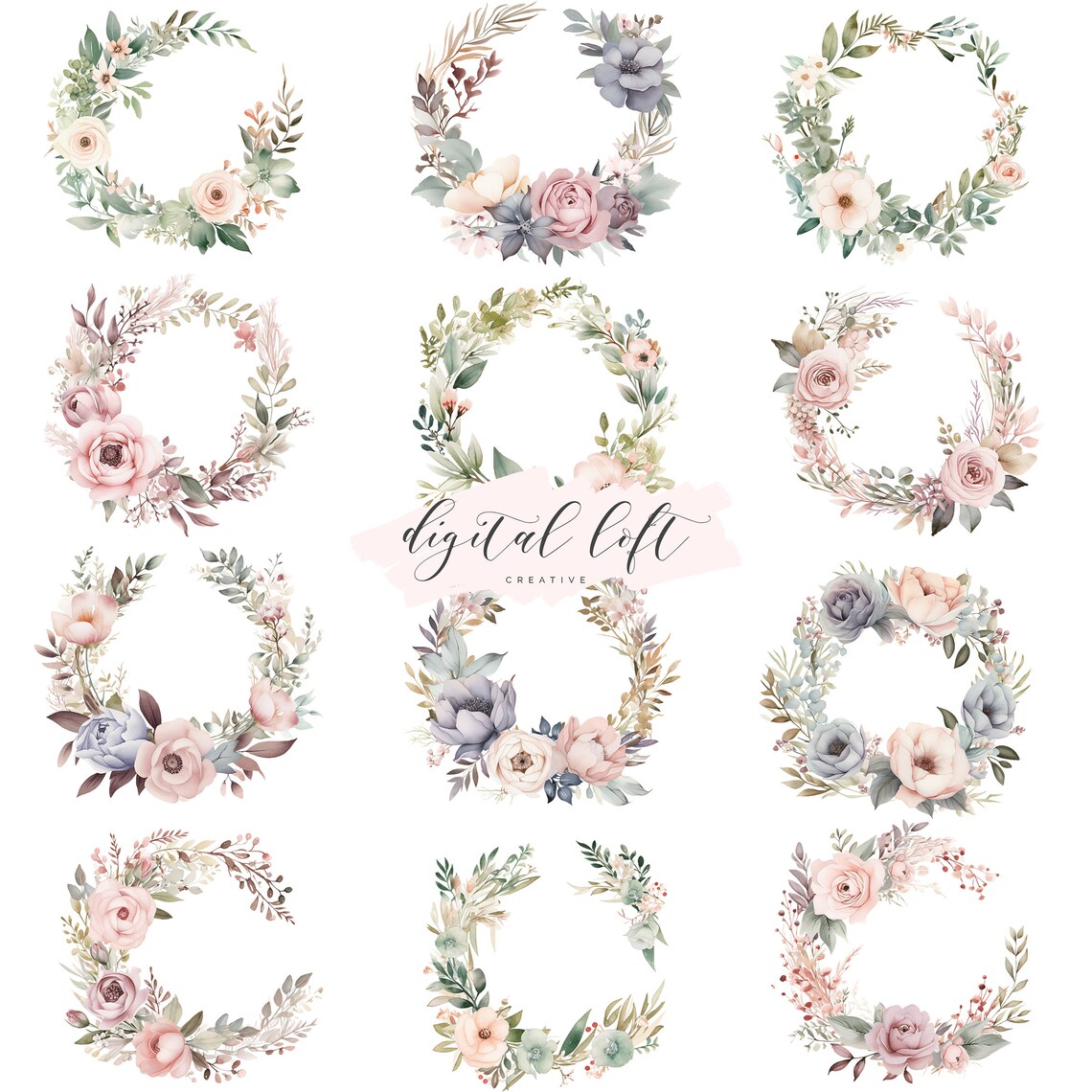 Twelve Watercolor Floral Wreath Designs Botanical Art Poster