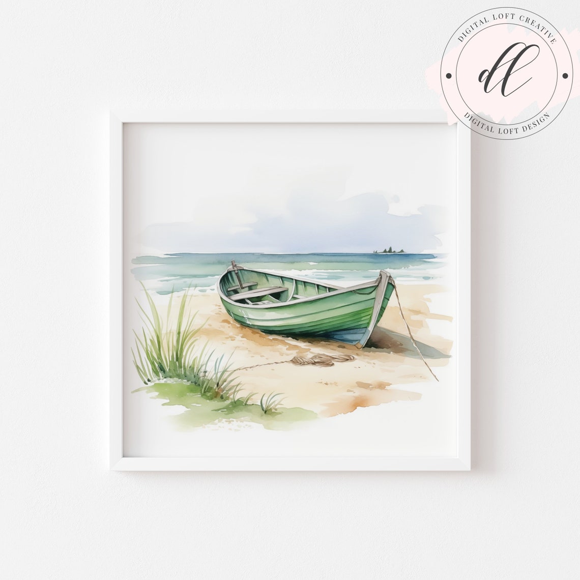 Green Rowboat on Sandy Beach Watercolor Coastal Retreat Poster - Image 2