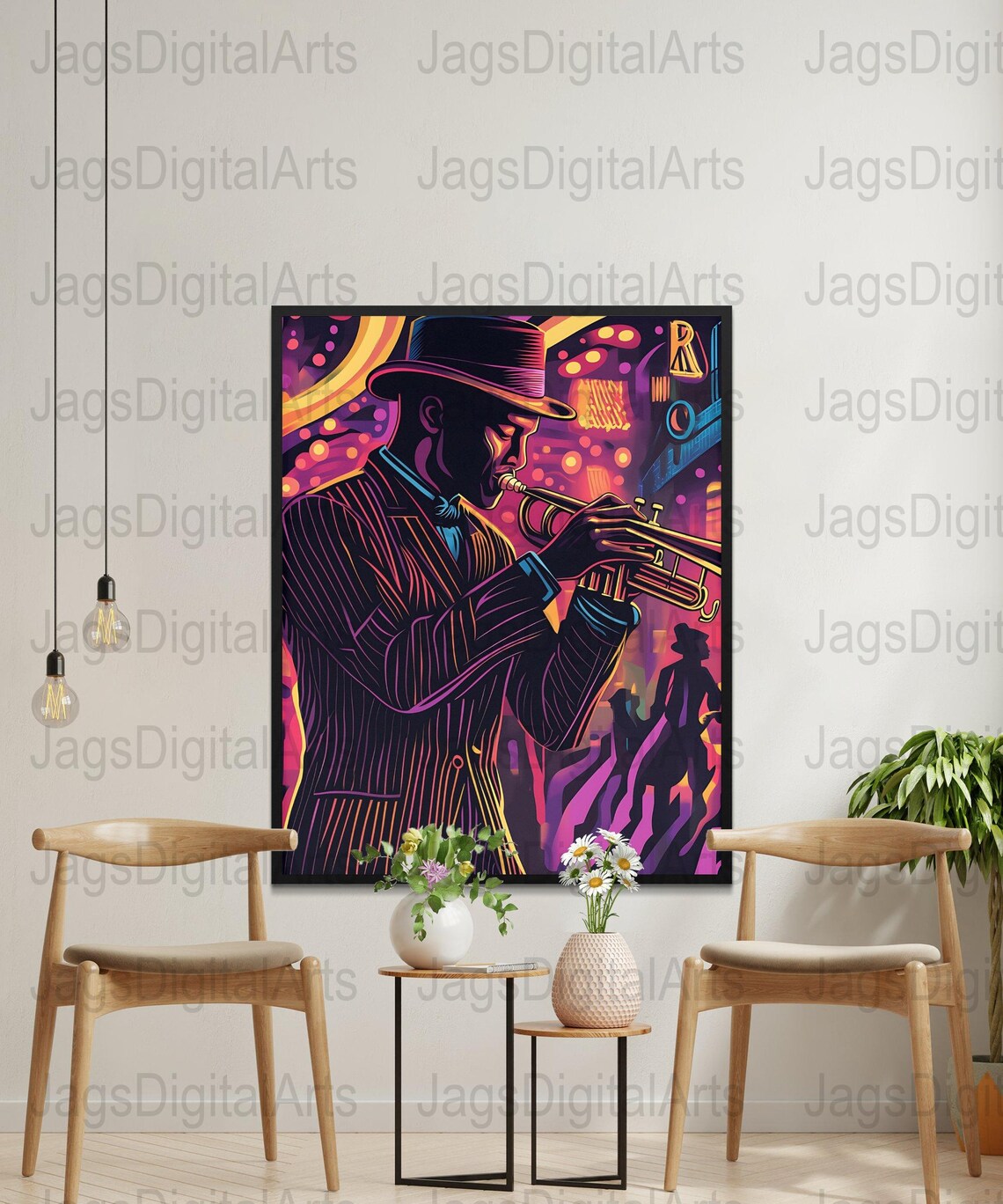 Neon Jazz Trumpeter Fedora Nightclub Retro Music Scene Art Poster - Image 3