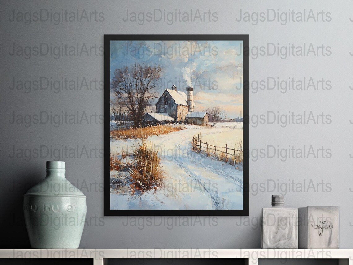 Snowy Farm Barn Oil Painting Winter Countryside Landscape Scene Poster - Image 3