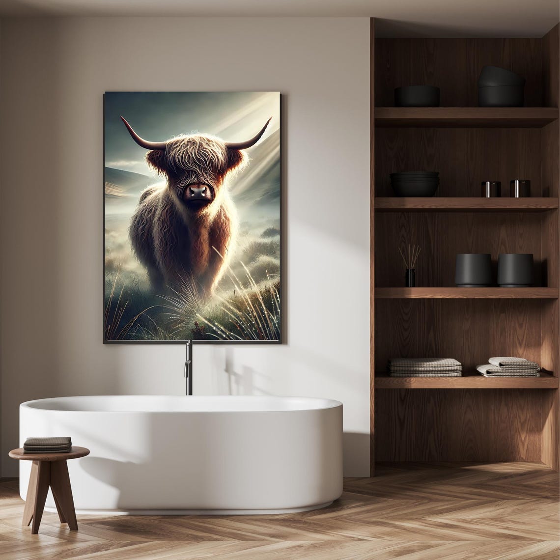 Highland Cow Misty Moorland Sunlight Dramatic Animal Portrait Poster - Image 2