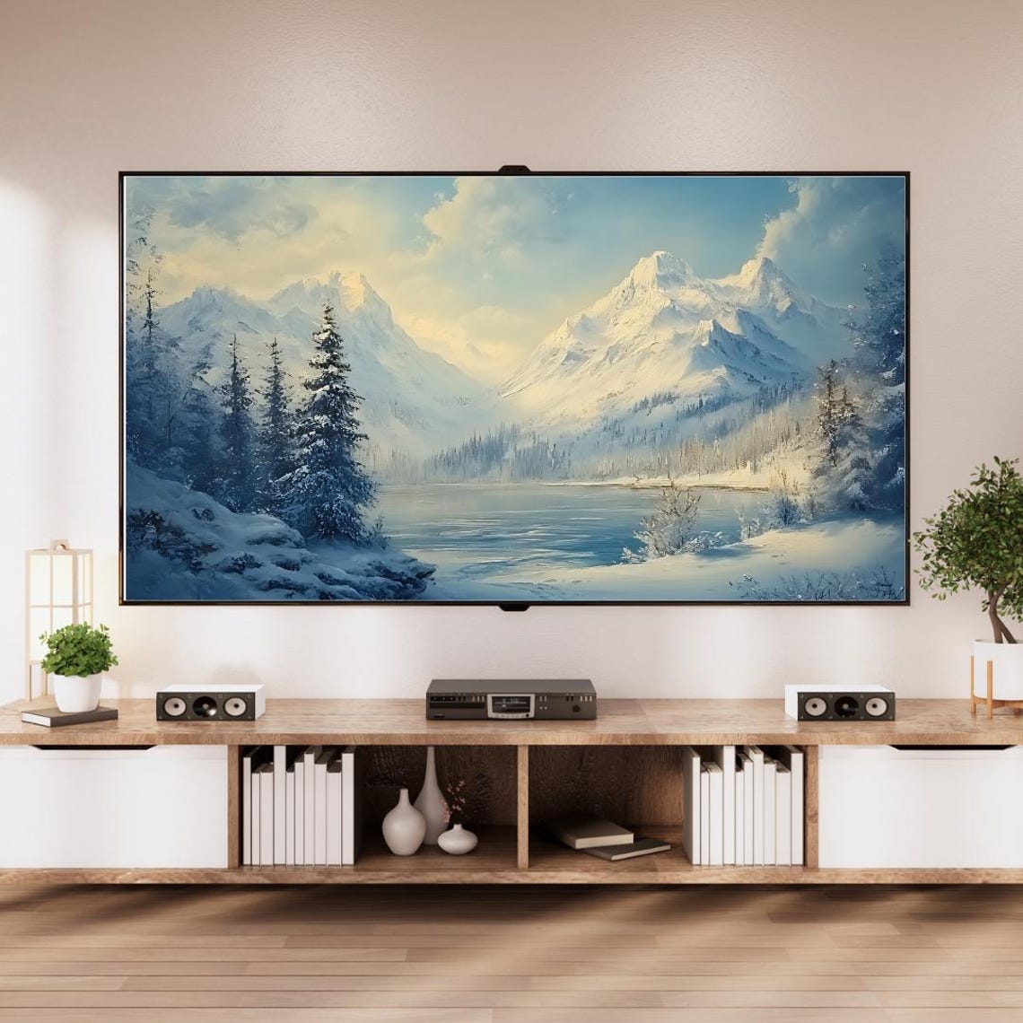 Winter Snowy Mountain Lake Pine Forest Blue Landscape Painting Poster - Image 6