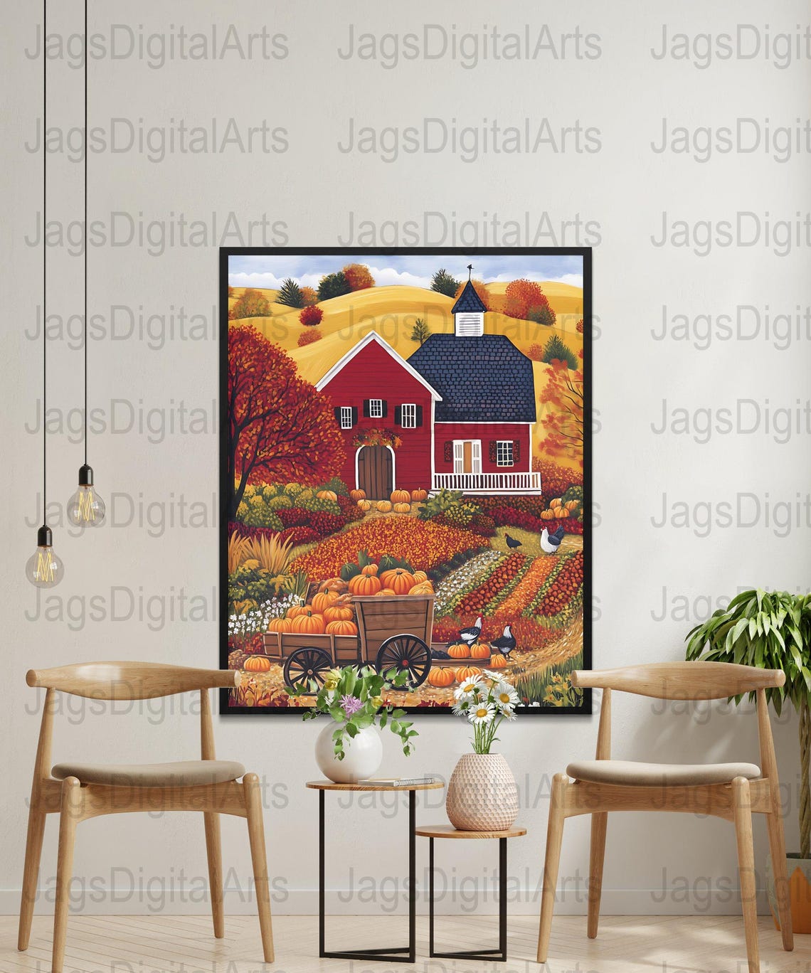 Fall Harvest Folk Art Red Barn Pumpkins Wagon Country Scene Poster - Image 5
