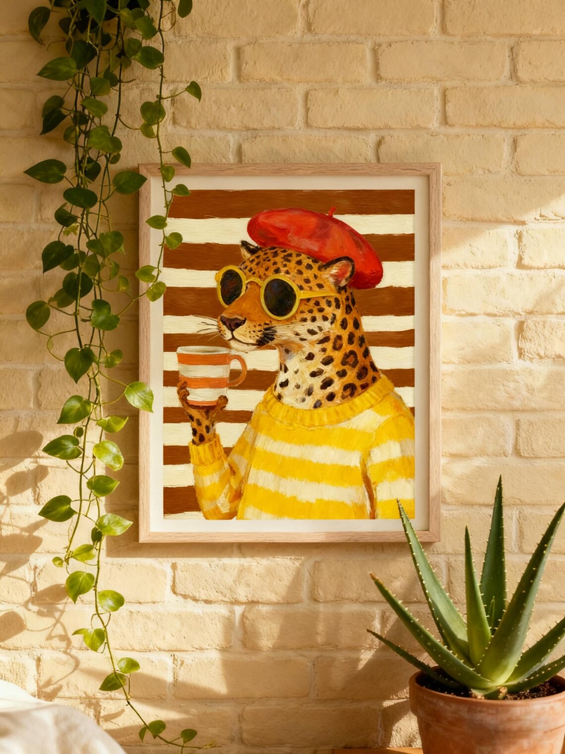 Cool Leopard Drinking Coffee Wall Art Print Funny Animal Portrait Retro Hipster Poster Modern Boho Home Decor