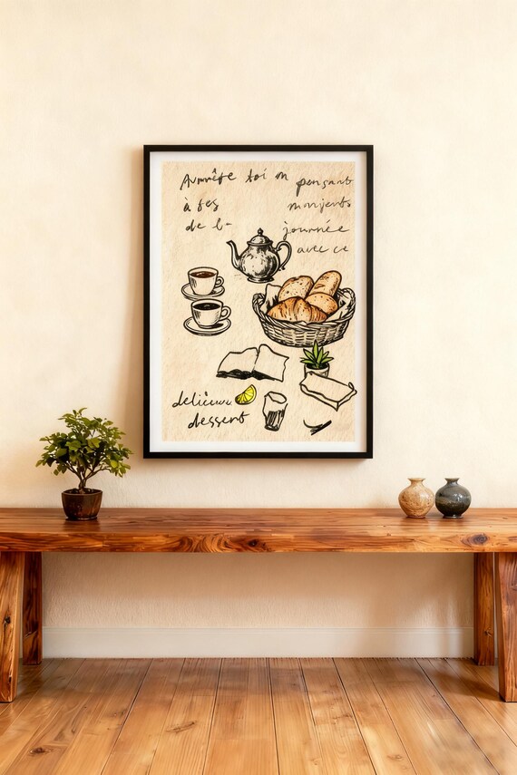 French Cafe Breakfast Sketch Teapot Coffee Croissant Vintage Kitchen Poster