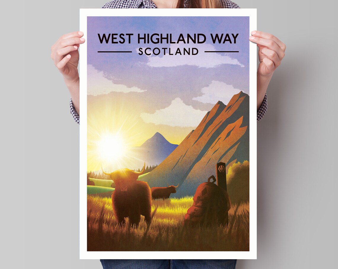 West Highland Way Scotland Sunset Mountains Highland Cow Travel Poster