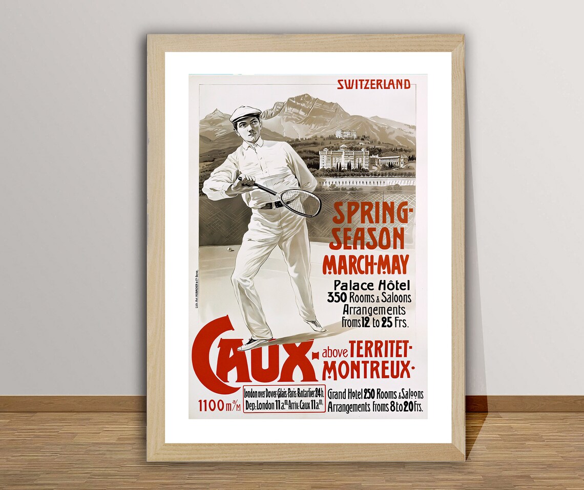 Caux Montreux Switzerland Spring Tennis Vintage Hotel Travel Poster