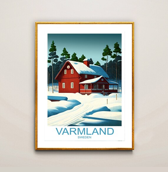 Varmland Sweden Snowy Red Cabin Winter Forest Vintage Travel Poster