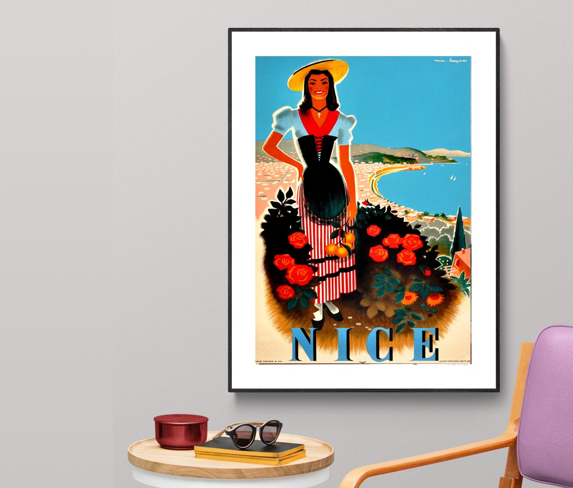 Nice Cote dAzur Rose Lady Vintage French Riviera Travel Poster