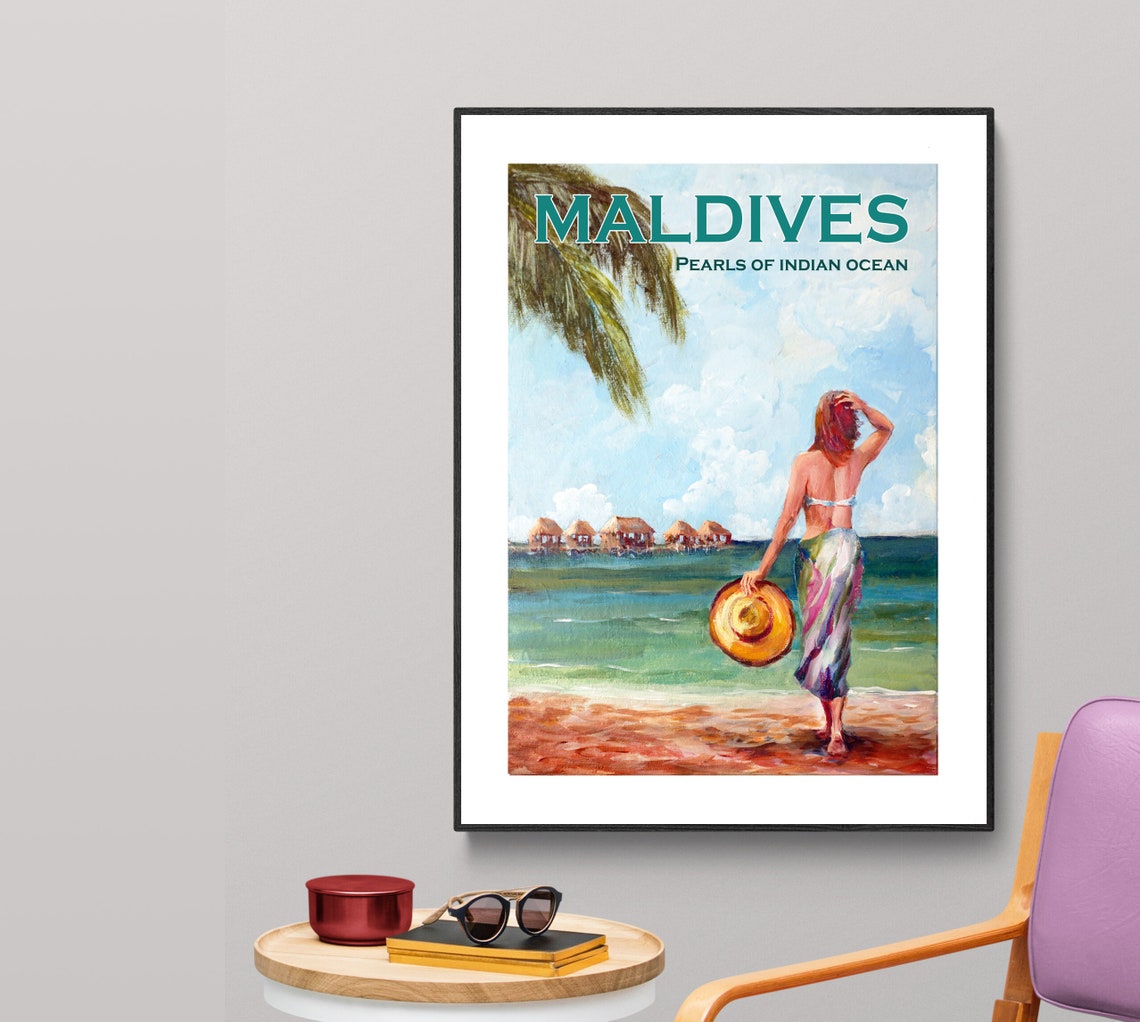 Maldives Pearls of Indian Ocean Bungalows Beach Travel Poster