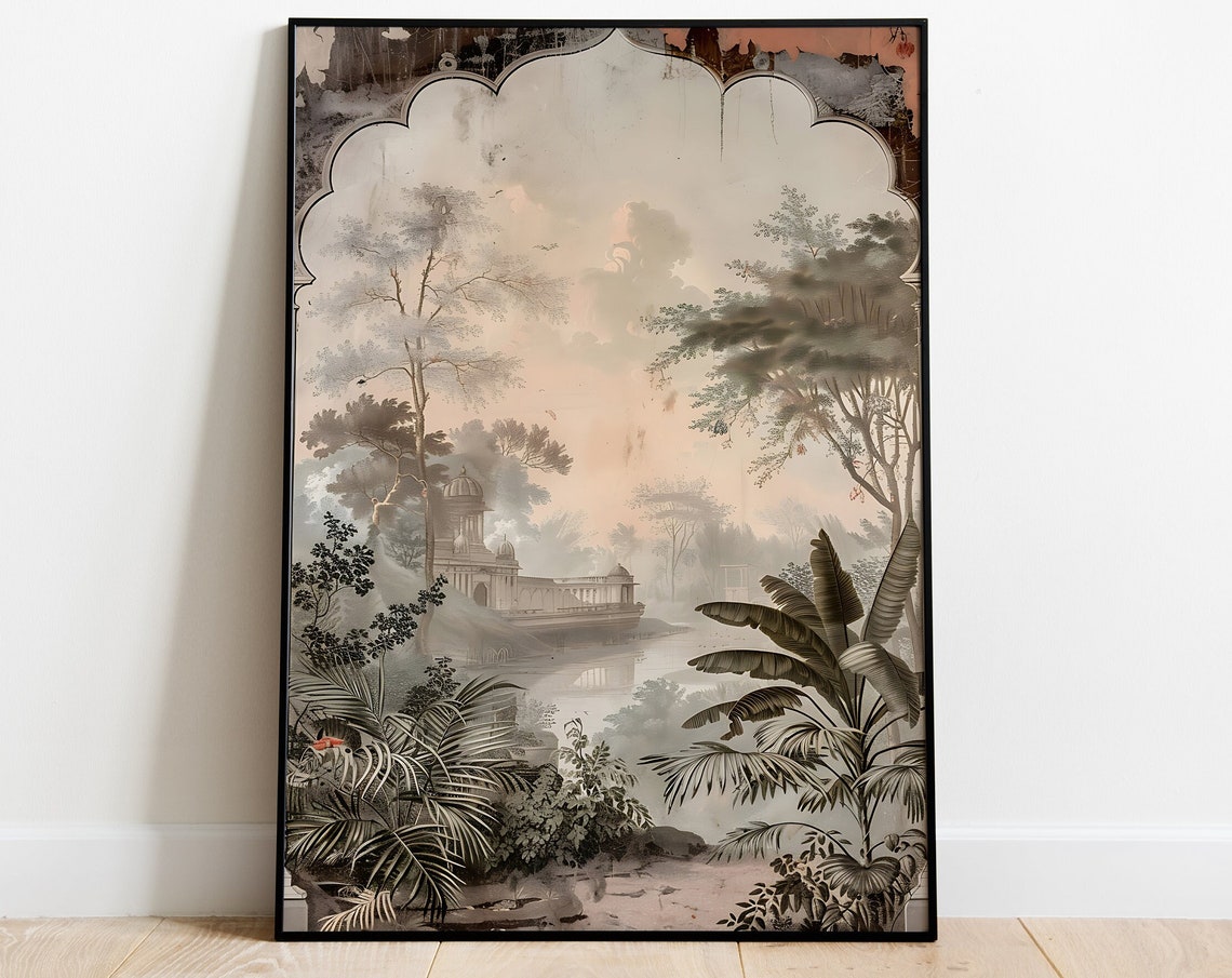 Misty Indian Palace Riverside Sepia Tropical Foliage Scalloped Poster