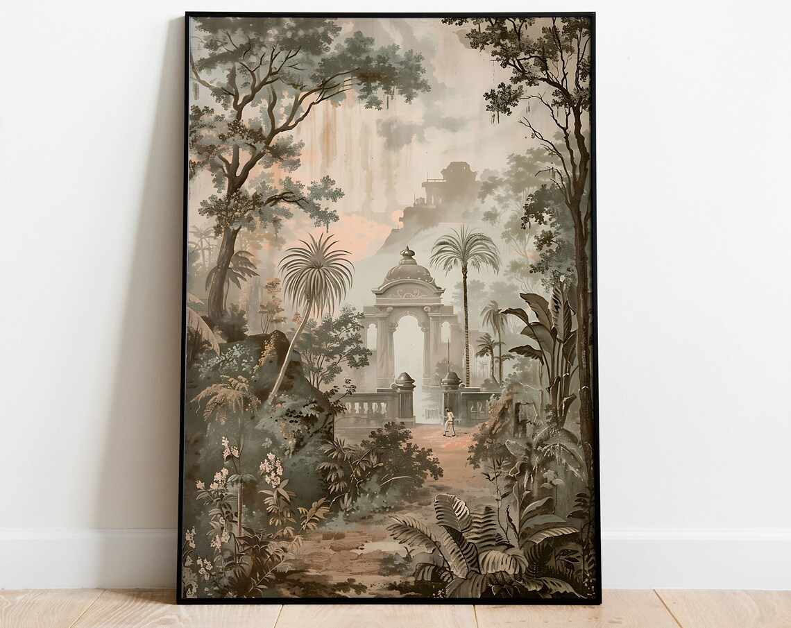 Sepia Forest Ruins Domed Gateway Tropical Palm Trees Misty Art Poster