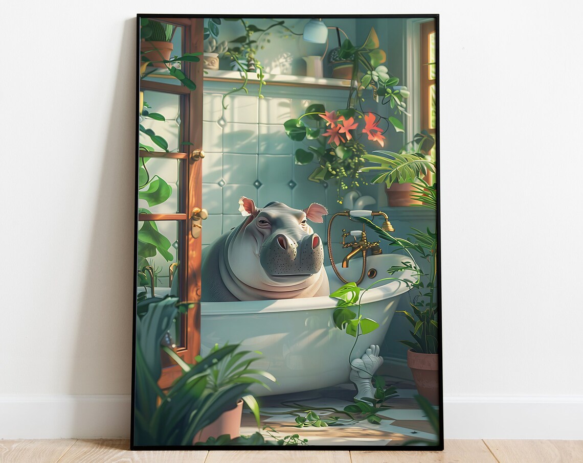 Hippo Relaxing In A Clawfoot Tub Botanical Bathroom Funny Art Poster