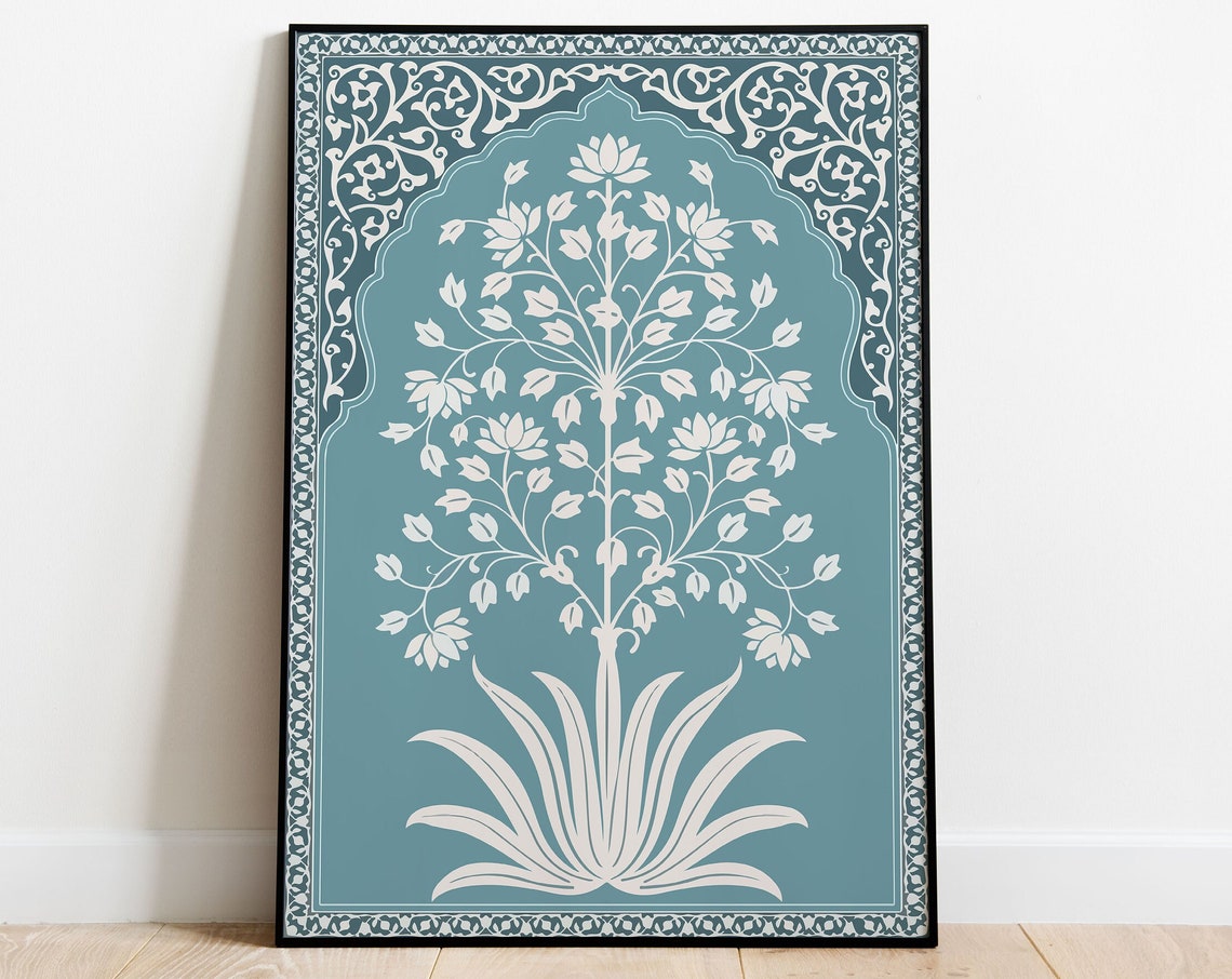 Teal Mughal Floral Tree Arch Indian Palace Botanical Art Poster