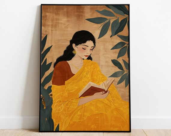 Indian Woman Yellow Saree Reading Book Gold Desi Artwork Poster
