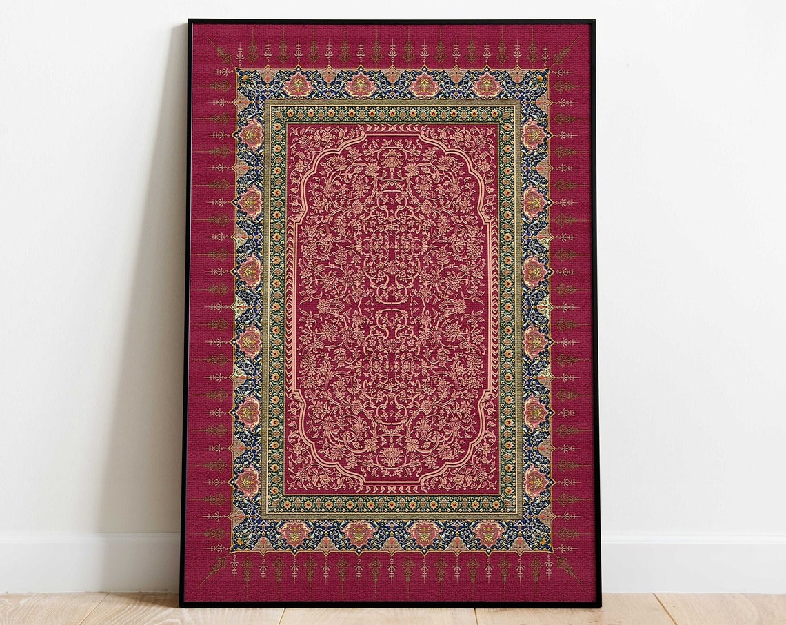 Vintage Red Persian Rug Motif Indian Textile Decorative Poster